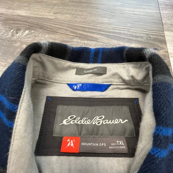 Eddie Bauer Blue White Mens TXL Plaid Tartan Shacket Mountain Ops Flannel Shirt - Picture 3 of 10